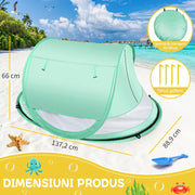 Cort de plaja pentru bebelusi NextWave®️, protectie solara UPF 50+, deschidere pop-up automata, plasa respirabila pentru ventilatie, perdea rulabila, 4 tarusi, geanta transport, din nailon 190T, pentru camping si plaja, 137.2 x 88.9 x 66 cm