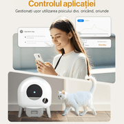 Litiera Automata Smart NextWave® pentru pisica, Auto-Curatare, Aplicatie Mobila, Sterilizare Automata UV, Senzori Ambientali, 76L+ 13L, 3 role saci, alb