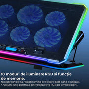 Stand De Racire pentru Laptop BeGenius® cu Suport pentru Telefon, 6 Ventilatoare ultra Silentioase, Cooler Laptop Gaming, Iluminare RGB, 10-45 grade, 2 Porturi USB, pentru Laptopuri pana la 17.3 inch, Negru