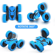 Masina cu telecomanda RC, Fata dubla cu rotire 360°, traciune 4WD, lumini LED, frecventa 2.4GHz, cauciucuri offroad, 2 baterii tip acumulator incluse, jucarie pentru copii, Albastra