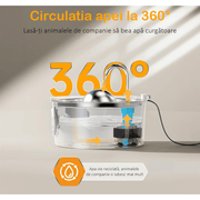 Dispenser apa automat tip fantana pentru pisici si caini, cu fereastra mare pentru nivelul apei, purificare si filtrare prin carbune activ, ultra-silentiosa, otel inoxidabil 304, model rotund, USB, adaptor priza, capacitate 3.2L, Argintiu