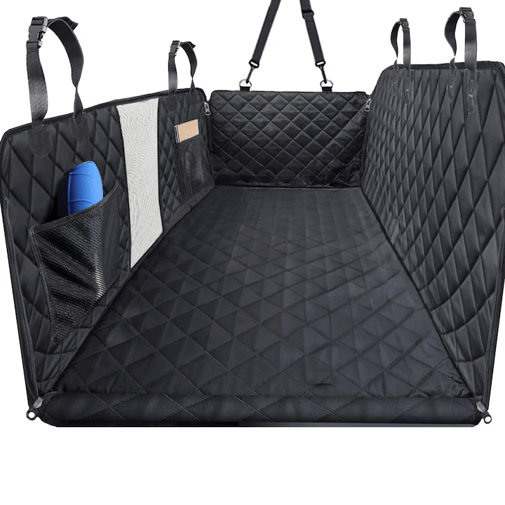 Husa scaune auto protectie si transport animale extinsa NextWave®️, insertie 3 placi pentru caini, pisici de toate taliile, rezistenta pana la 140 kg, pat animale, ofera protectie bancheta spate autoturism, Universala, Negru