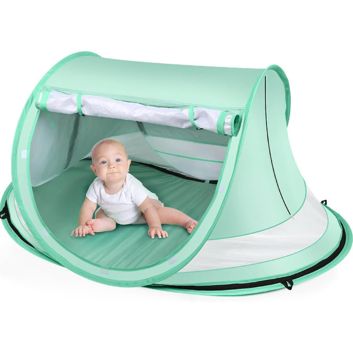 Cort de plaja pentru bebelusi NextWave®️, protectie solara UPF 50+, deschidere pop-up automata, plasa respirabila pentru ventilatie, perdea rulabila, 4 tarusi, geanta transport, din nailon 190T, pentru camping si plaja, 137.2 x 88.9 x 66 cm