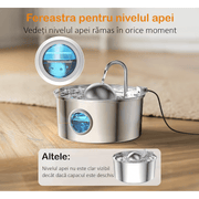 Dispenser apa automat tip fantana pentru pisici si caini, cu fereastra mare pentru nivelul apei, purificare si filtrare prin carbune activ, ultra-silentiosa, otel inoxidabil 304, model rotund, USB, adaptor priza, capacitate 3.2L, Argintiu