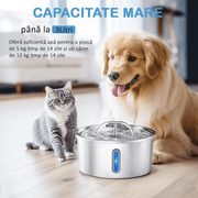 Dispenser apa automat tip fantana NextWave® pentru pisici si caini, cu fereastra mare pentru nivelul apei, purificare si filtrare prin carbune activ, otel inoxidabil, ultra-silentiosa, USB, adaptor priza, capacitate 3.2L, Argintiu