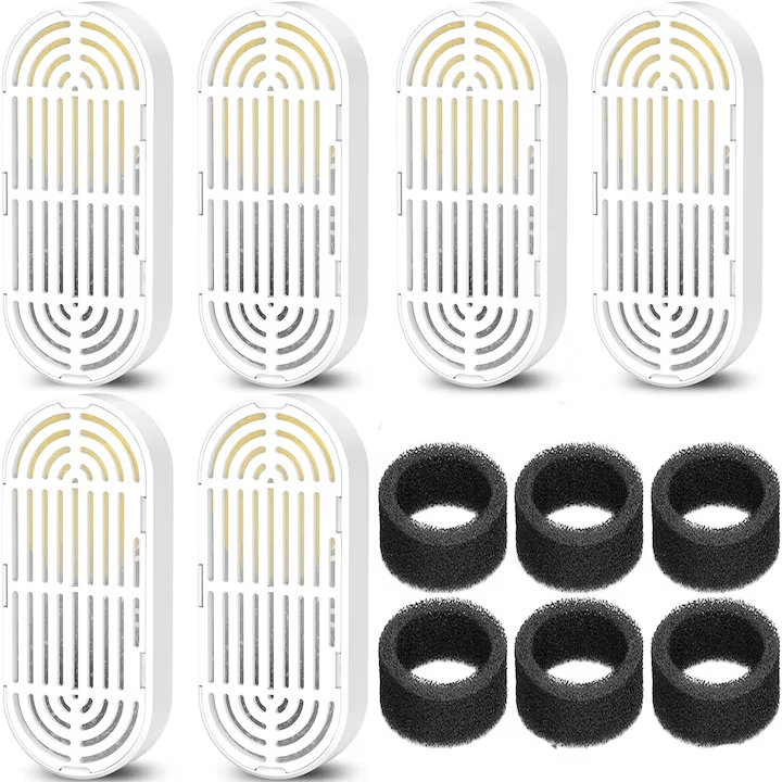 Set 12 filtre de rezerva pentru dispenser de apa tip adapator fantana pentru pisici si caini NextWave®️, purificare, elimina eficient impuritatile si firele de par, carbon activ, 6 filtre de bumbac si 6 bureti prefiltranti