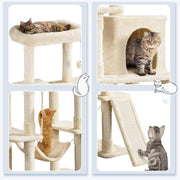 Ansamblu de Joaca pentru Pisici NextWave®, turn etajat stabil cu casuta confortabila, hamac lavabil, rampa si 7 stalpi de zgariat, din PAL, sisal natural si plus moale, pentru pisici mari si medii de interior, 77, 5x48, 3x160 cm, Bej