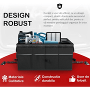 Organizator portbagaj auto NextWave®️ cu chingi de ancorare si capac, Multifunctional, Pliabil, 9 compartimente, Capacitate 65L, Material Oxford 1680D, 58.4x40.6x25.4 cm, negru