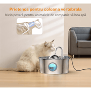 Dispenser apa automat tip fantana pentru pisici si caini, cu fereastra mare pentru nivelul apei, purificare si filtrare prin carbune activ, ultra-silentiosa, otel inoxidabil 304, model rotund, USB, adaptor priza, capacitate 3.2L, Argintiu