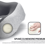 Perna de Calatorie pentru Gat NextWave®️, din Spuma cu Memorie, pentru Avion, Masina si Tren, Husa respirabila, Suport Cervical, Gri