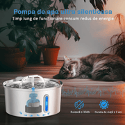 Dispenser apa automat tip fantana NextWave® pentru pisici si caini, cu fereastra mare pentru nivelul apei, purificare si filtrare prin carbune activ, otel inoxidabil, ultra-silentiosa, USB, adaptor priza, capacitate 3.2L, Argintiu