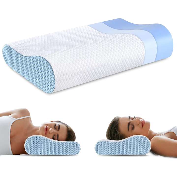 Perna ortopedica pentru dormit NextWave®, Spuma cu Memorie ergonomica pentru Gat si Suport Cervical, Ideala pentru dormitul lateral, spate sau stomac, Husa detasabila lavabila, Fermitate Medie, albastru