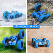 Masina cu telecomanda RC, Fata dubla cu rotire 360°, traciune 4WD, lumini LED, frecventa 2.4GHz, cauciucuri offroad, 2 baterii tip acumulator incluse, jucarie pentru copii, Albastra
