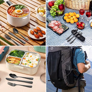 Set tacamuri portabile de calatorie NextWave® cu caseta de transport ranforsata si inchidere cu clema, 4 piese compacte din otel inoxidabil, rezistente la rugina, lavabile in masina de spalat vase, pentru camping, birou si scoala, negru
