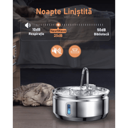 Dispenser apa automat tip fantana NextWave® pentru pisici si caini, cu fereastra pentru nivelul apei, purificare si filtrare prin carbune activ, ultra-silentioasa, otel inoxidabil, capacitate 3.2L, USB, Adaptor Priza, Argintiu