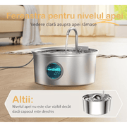 Dispenser apa automat tip fantana NextWave® pentru pisici si caini, cu fereastra mare pentru nivelul apei, purificare si filtrare prin carbune activ, otel inoxidabil 304, ultra-silentiosa, USB, adaptor priza, model rotund, capacitate 3.2L, Argintiu