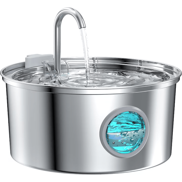 Dispenser apa automat tip fantana NextWave® pentru pisici si caini, cu fereastra mare pentru nivelul apei, purificare si filtrare prin carbune activ, otel inoxidabil 304, ultra-silentiosa, USB, adaptor priza, model rotund, capacitate 3.2L, Argintiu