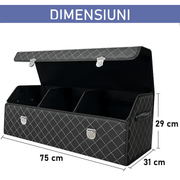 Organizator portbagaj auto Premium NextWave®️, Multifunctional, Pliabil, Rezistent, Manere Laterale, Prindere cu catarame, 3 compartimente mari, 75x31x30 cm, alb negru