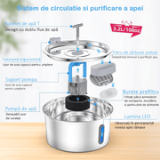 Dispenser apa automat tip fantana NextWave® pentru pisici si caini, cu fereastra mare pentru nivelul apei, purificare si filtrare prin carbune activ, otel inoxidabil, ultra-silentiosa, USB, adaptor priza, capacitate 3.2L, Argintiu