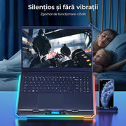Stand De Racire pentru Laptop BeGenius® cu Suport pentru Telefon, 6 Ventilatoare ultra Silentioase, Cooler Laptop Gaming, Iluminare RGB, 10-45 grade, 2 Porturi USB, pentru Laptopuri pana la 17.3 inch, Negru