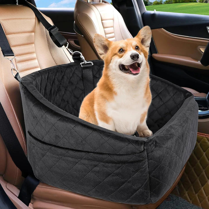Scaun auto pentru caini NextWave®, detasabil si lavabil, pentru animale de pana la 13,6 kg, cu centura de siguranta, curele de fixare, umplutura din burete, suprafata moale si buzunare laterale, pentru bancheta fata sau spate, negru, 50 x 49 x 32 cm