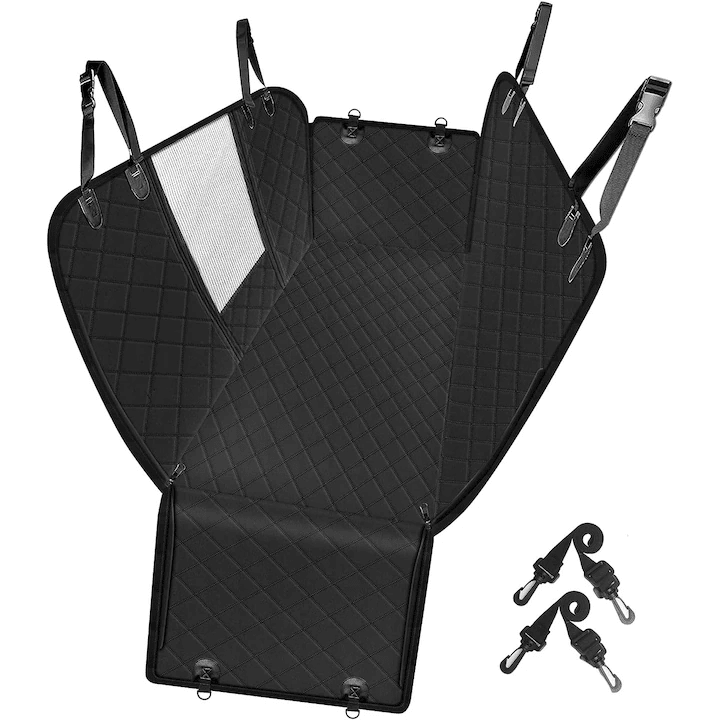 Husa scaune auto protectie si transport animale NextWave®️, Universala, Plasa pentru vizualizare, pentru caini si pisici de toate taliile, ofera protectie 3-1 bancheta spate autoturism, Impermeabila, 137cm, Negru