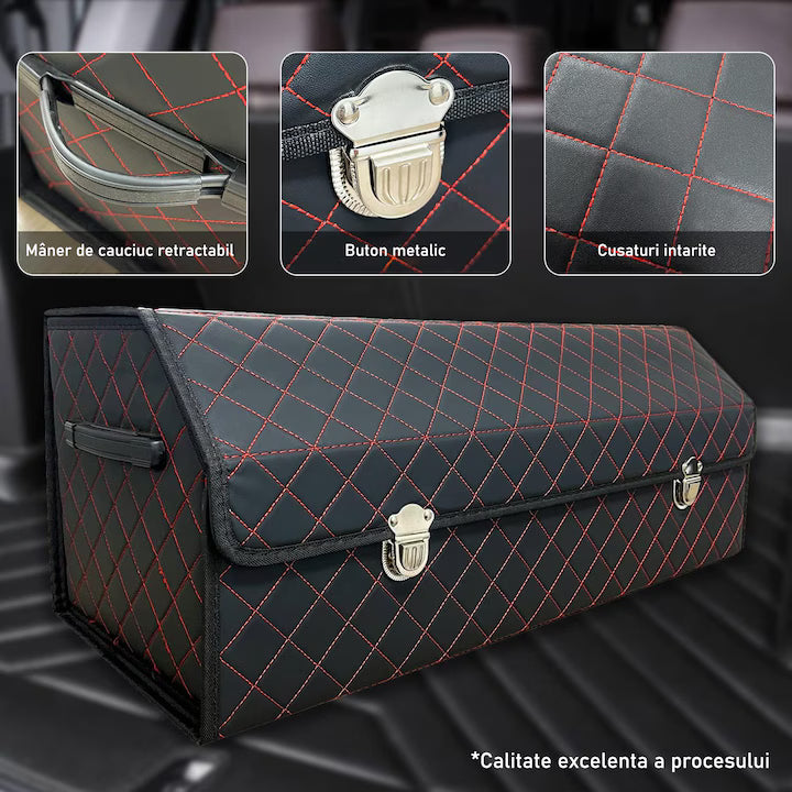 Organizator portbagaj auto Premium NextWave®️, Multifunctional, Pliabil, Rezistent, Manere Laterale, Prindere cu catarame, 1/2/3 compartimente, Rosu Negru