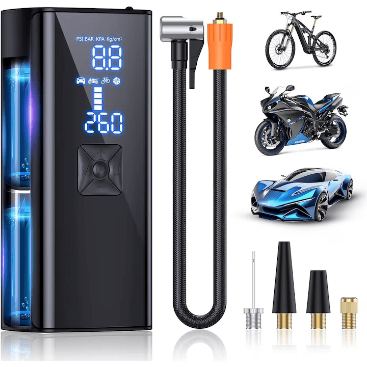 Compresor Auto Portabil Digital NextWave cu accumulator 25000mAh, 150PSI/10 Bari, Baterie Reincarcabila, pentru Anvelope Auto, Motociclete, Tubliss Enduro, Biciclete si Mingi, 4 moduri inteligente de unflare, oprire automata, power bank, lumina led, Negru