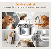 Dispenser apa automat tip fantana pentru pisici si caini, cu fereastra mare pentru nivelul apei, purificare si filtrare prin carbune activ, ultra-silentiosa, otel inoxidabil 304, model rotund, USB, adaptor priza, capacitate 3.2L, Argintiu