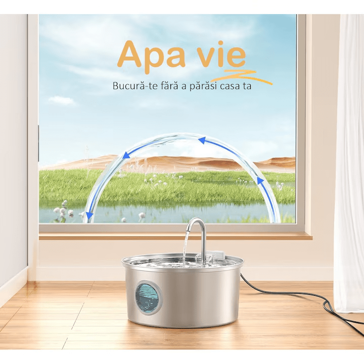 Dispenser apa automat tip fantana NextWave® pentru pisici si caini, cu fereastra mare pentru nivelul apei, purificare si filtrare prin carbune activ, otel inoxidabil 304, ultra-silentiosa, USB, adaptor priza, model rotund, capacitate 3.2L, Argintiu