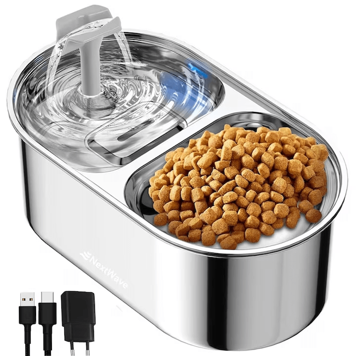 Dispenser apa automat cu Bol pentru mancare NextWave®, 2-1 tip fantana pentru pisici si caini, cu purificare si filtrare prin carbune activ, ultra-silentioasa, USB, adaptor priza, otel inoxidabil, capacitate 3L, Argintiu