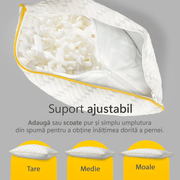 Perna ortopedică ajustabilă NextWave®️, spumă cu memorie mărunțită, suport cervical, 2 zone de confort, ideală pentru toate pozițiile de somn, husă lavabilă, 70x50 cm