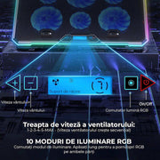Stand De Racire pentru Laptop BeGenius® cu Suport pentru Telefon, 6 Ventilatoare ultra Silentioase, Cooler Laptop Gaming, Iluminare RGB, 10-45 grade, 2 Porturi USB, pentru Laptopuri pana la 17.3 inch, Negru