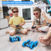 Masina cu telecomanda RC, Fata dubla cu rotire 360°, traciune 4WD, lumini LED, frecventa 2.4GHz, cauciucuri offroad, 2 baterii tip acumulator incluse, jucarie pentru copii, Albastra