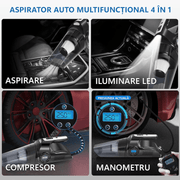 Aspirator Auto si Compresor Portabil Multifunctional cu Acumulator, Functie de Aspirare Umeda si Uscata, Umflare Roti cu Afisaj de Presiune, Lumina LED, Incarcare prin Priza de Bricheta Auto USB C, 32.000 rot/min, Putere 120W, Negru
