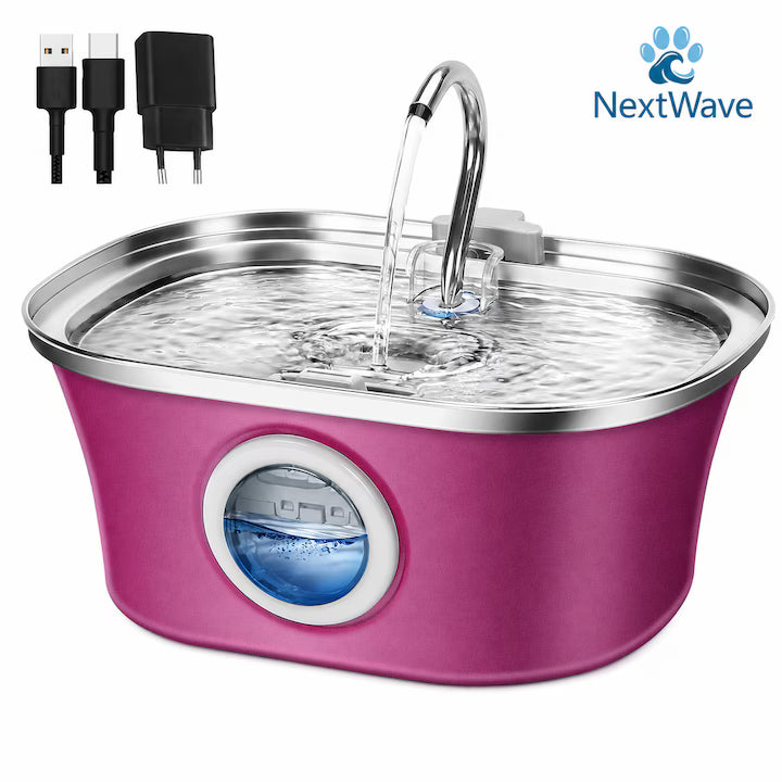 Fantana Apa Pisici si Caini NextWave®, Dispenser Automat cu fereastra mare pentru nivelul apei, purificare si filtrare prin carbune activ, otel inoxidabil 304, ultra-silentiosa, USB, adaptor priza, capacitate 3.2L