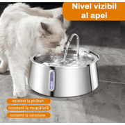 Dispenser apa automat tip fantana pentru pisici si caini, cu fereastra mare pentru nivelul apei, purificare si filtrare prin carbune activ, ultra-silentiosa, USB, adaptor priza, otel inoxidabil 304, Argintiu