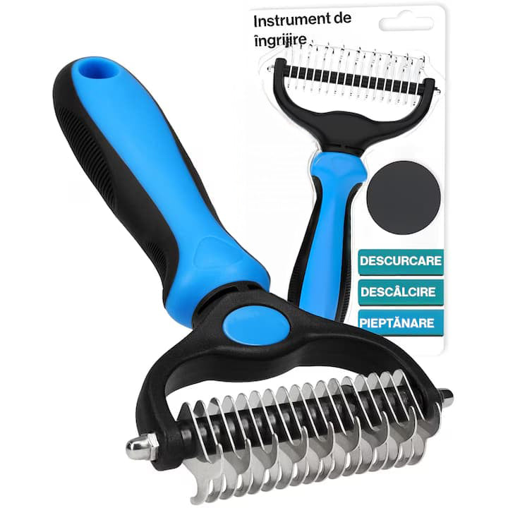 Perie profesionala NextWave® dubla pentru caini si pisici – reduce naparlirea cu pana la 95%, descurcare noduri si subtiere blana, pieptene 2 fete cu 9 si 17 dinti din inox, pentru blana medie si lunga, maner ergonomic antiderapant, ingrijire confortabila
