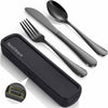 Set tacamuri portabile de calatorie NextWave® cu caseta de transport ranforsata si inchidere cu clema, 4 piese compacte din otel inoxidabil, rezistente la rugina, lavabile in masina de spalat vase, pentru camping, birou si scoala, negru
