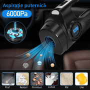 Aspirator Auto si Compresor Portabil Multifunctional cu Acumulator, Functie de Aspirare Umeda si Uscata, Umflare Roti cu Afisaj de Presiune, Lumina LED, Incarcare prin Priza de Bricheta Auto USB C, 32.000 rot/min, Putere 120W, Negru