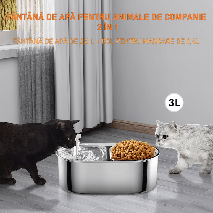 Dispenser apa automat cu Bol pentru mancare NextWave®, 2-1 tip fantana pentru pisici si caini, cu purificare si filtrare prin carbune activ, ultra-silentioasa, USB, adaptor priza, otel inoxidabil, capacitate 3L, Argintiu