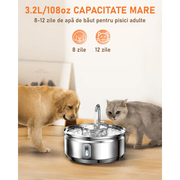 Dispenser apa automat tip fantana NextWave® pentru pisici si caini, cu fereastra pentru nivelul apei, purificare si filtrare prin carbune activ, ultra-silentioasa, otel inoxidabil, capacitate 3.2L, USB, Adaptor Priza, Argintiu