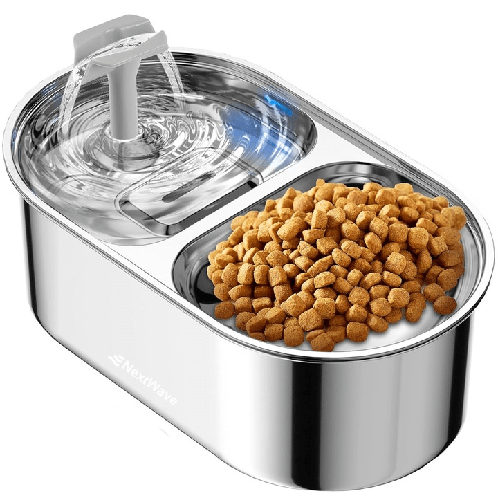 Dispenser apa automat cu Bol pentru mancare NextWave®, 2-1 tip fantana pentru pisici si caini, cu purificare si filtrare prin carbune activ, ultra-silentioasa, otel inoxidabil, capacitate 3L, USB, Argintiu