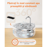 Dispenser apa automat tip fantana NextWave® pentru pisici si caini, cu fereastra pentru nivelul apei, purificare si filtrare prin carbune activ, ultra-silentioasa, otel inoxidabil, capacitate 3.2L, USB, Adaptor Priza, Argintiu