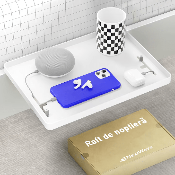 Raft pentru pat NextWave®️, cu suport pentru telefon, tableta si obiecte, incarcator, prindere incorporata pentru cabluri, 32x24x7 cm, alb