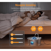 Dispenser apa automat tip fantana pentru pisici si caini, cu fereastra mare pentru nivelul apei, purificare si filtrare prin carbune activ, ultra-silentiosa, otel inoxidabil 304, model rotund, USB, adaptor priza, capacitate 3.2L, Argintiu