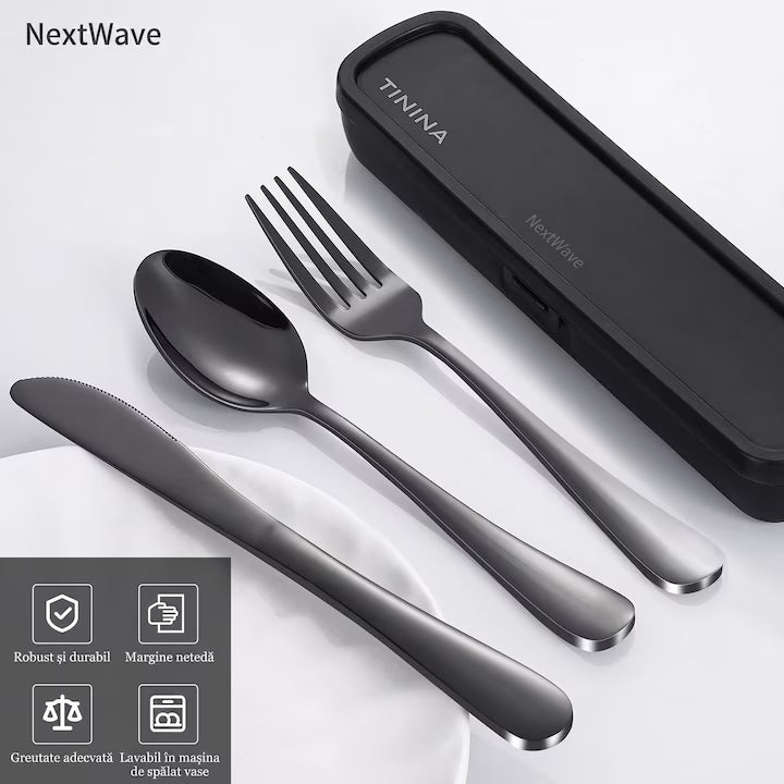 Set tacamuri portabile de calatorie NextWave® cu caseta de transport ranforsata si inchidere cu clema, 4 piese compacte din otel inoxidabil, rezistente la rugina, lavabile in masina de spalat vase, pentru camping, birou si scoala, negru