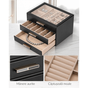 Cutie de bijuterii, organizator cu capac transparent, spatiu de depozitare 3 sertare pentru coliere, inele, cercei, lantisoare, bratari, interior catifelat, compartimentare multipla, piele ecologica neagra, 25 x 18 x 15 cm